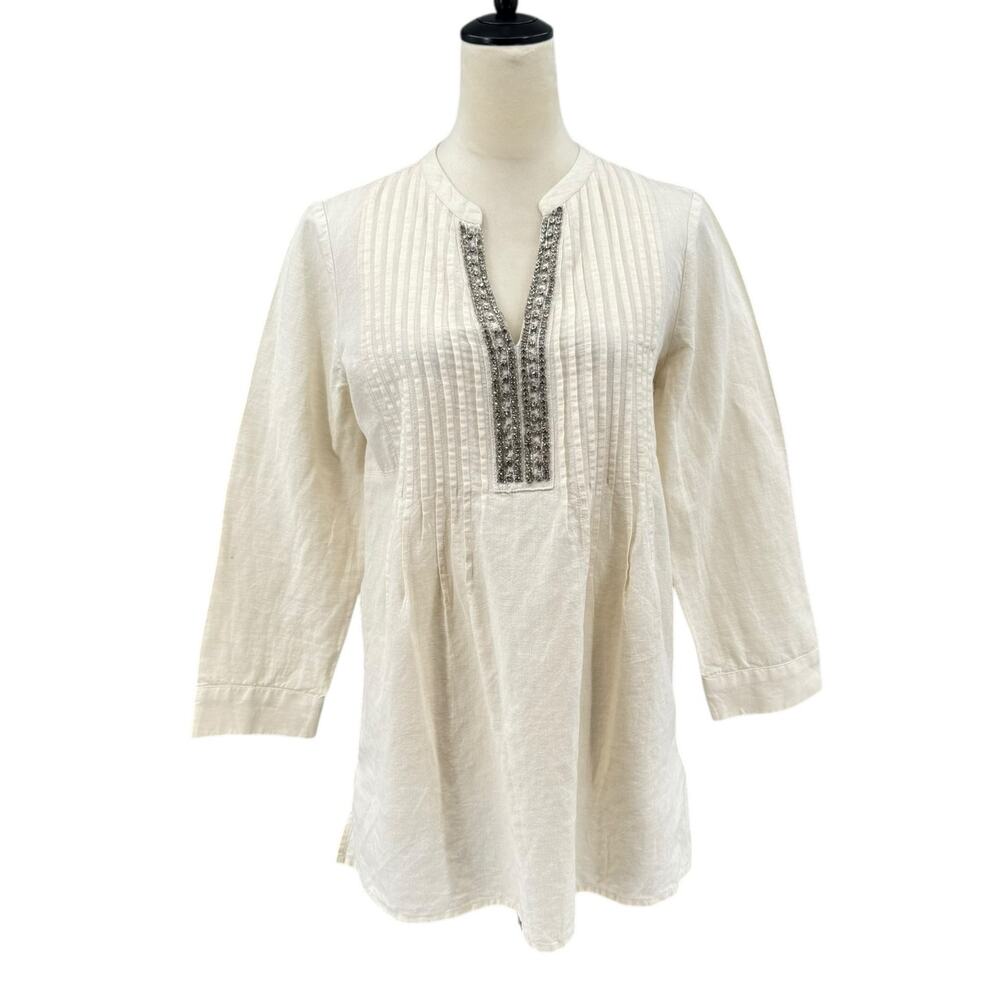 Chico’s Sz 0 Neutral Tan Linen Cotton Blend Jewel Pleated Neck 3/4 Sleeve Top